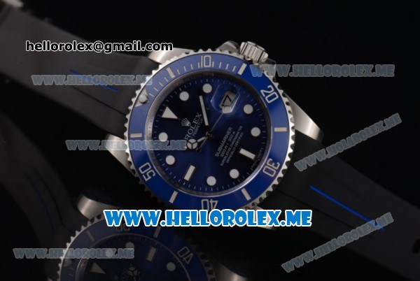 Rolex Submariner Swiss ETA 2836 Automatic Steel Case with Blue Dial and Blue Rubber Strap Dot Markers - Click Image to Close